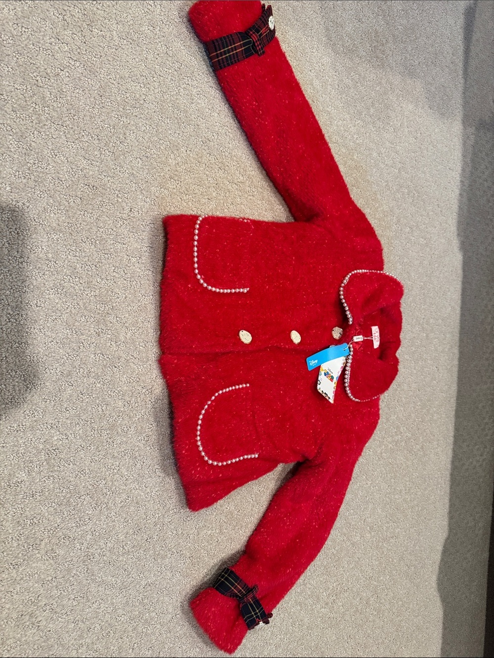 Red Girls' Textured Coat with Pearl Trim